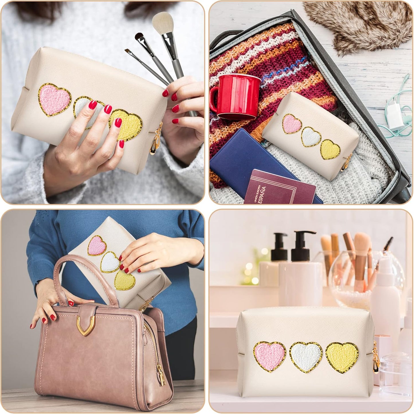 Cute Heart Cosmetic Bag - Preppy Patch Large Toiletry Bag PU Leather Makeup Bag Portable Waterproof Bag Travel Organizer Birthday Gifts Travel Purse Toiletry Organizer for Women Girls