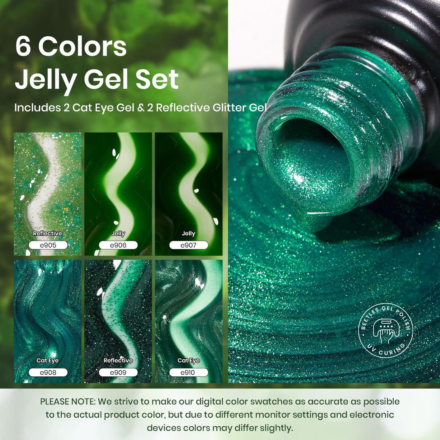Beetles Gel Polish Green Gel Nail Polish Set, Cat Eye Jelly Gel Polish with Color Swatch Dots Magnet, 6 Color Glitter Enchanted Forest Theme for Salon Gel Manicure Nail Art DIY at Home