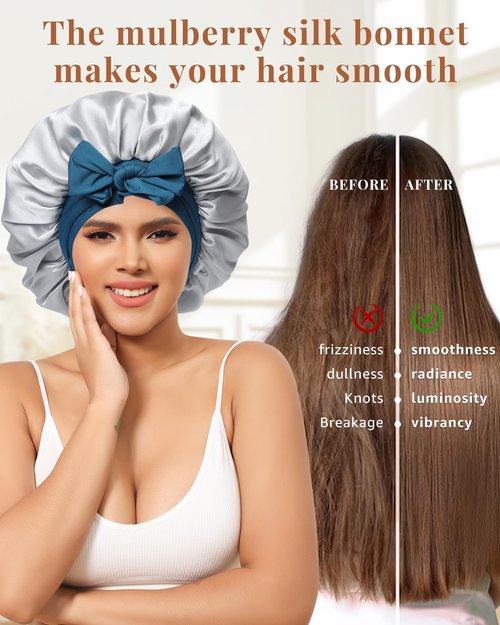 AWAYTR Silk Bonnet for Sleeping Women 100% Mulberry Silk Bonnet with Band 2 Layer Reversible Hair Bonnet Sleeping Hair Wrap (Peacock Blue/Gray)