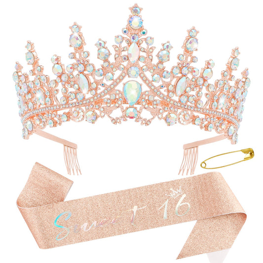 Sweet 16 Birthday Sashes and Tiaras for Girls 16th Crowns and Sash for Women 16th Birthday Party Decorations Birthday Gifts Party Supplies (rose gold)