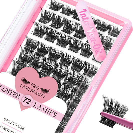 Cluster Lashes 72 Pcs Lash Clusters DIY Eyelash Extension Individual Lashes Into You-02 D-14mm Thin Band Easy to Apply at home Lashes