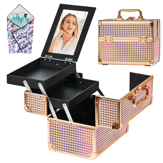 GALHUBIS Makeup Train Case, Portable Makeup Case with Mirror, 2-Trays Cosmetic Organizer Case,Nail Polish Organizer, Travel Makeup Box, Profesional for Salon Barber, Colorful Pink