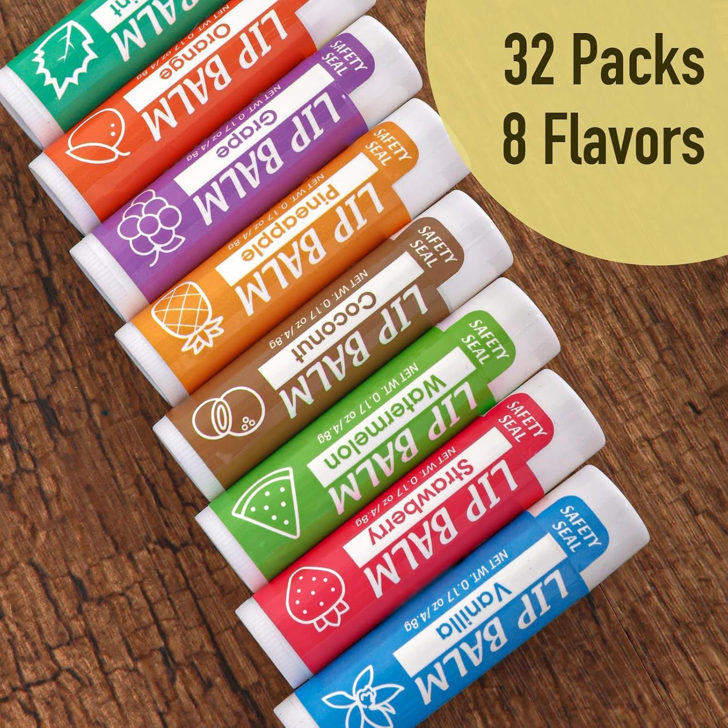 Skiennix 32 Pack Lip Balm | Natural Moisturizing Formula with Vitamin E & Coconut Oil - 8 Flavors for Dry Lips