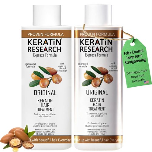 KERATIN RESEARCH Brazilian Keratin Hair Straightening Treatment - Professional Organic Blowout for Shiny, Natural-Looking Hair (X2)