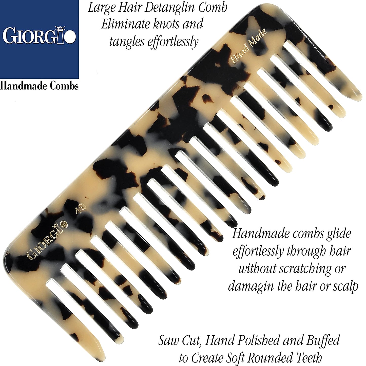 Giorgio G49WT Large 5.75 Inch Hair Detangling Comb, Wide Teeth for Thick Curly Wavy Hair. Long Hair Detangler Comb For Wet and Dry. Handmade of Quality Cellulose, Saw-Cut, Hand Polished