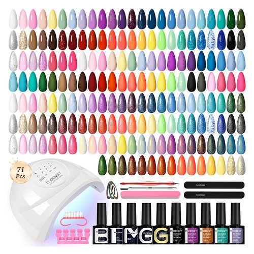 Phoenixy 71 Pcs Gel Nail Polish Kit with U V Light, 55 Colors Glittle Gel Nail Polish 5pcs Base Top Coat Pink Blue White Black Red DIY Manicure Starter Set for Beginners Gift for Women
