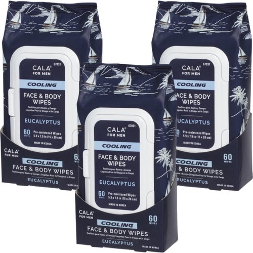 CALA Men's Cooling Face & Body Wipes: Eucalyptus (60 Sheets) - Refreshing, Hydrating Wipes for a Clean, Soothed Complexion, Ideal for Active Men