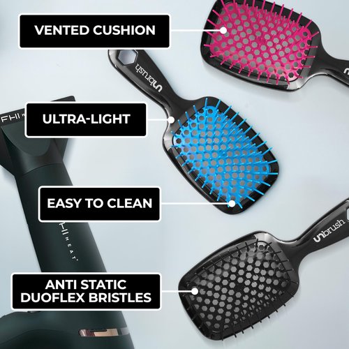 FHI Heat UNbrush Detangling Brush (3-Pack Bundle) — Hair Brush for All Wet/Dry Hair Types — Pain-Free Detangler Brush w/DuoFlex Anti Static Bristles — Lightweight Travel Hair Brush (Original Black)