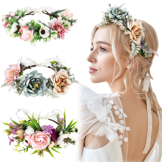 Bencailor 3 Pcs Flower Crowns Adjustable Flower Headband Boho Floral Hair Wreath Fairy Headpiece for Women Garland Wedding Party Renaissance Accessories for Festival Photos(Elegant Color)