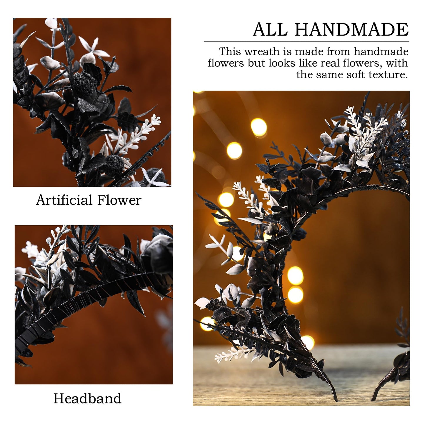 MOSTORY Black Flower Halo Crown - Handmade Gothic Floral Headpiece Dak Flower Headband for Women Girls Cosplay Fae Ball Masquerade Mardi Gras Photo Shoot Renaissance