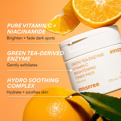 innisfree Green Tea Enzyme Vitamin C Toner Pads, Korean Brightening Face Pads for Dark Spots, Radiance, and Even Skin Tone