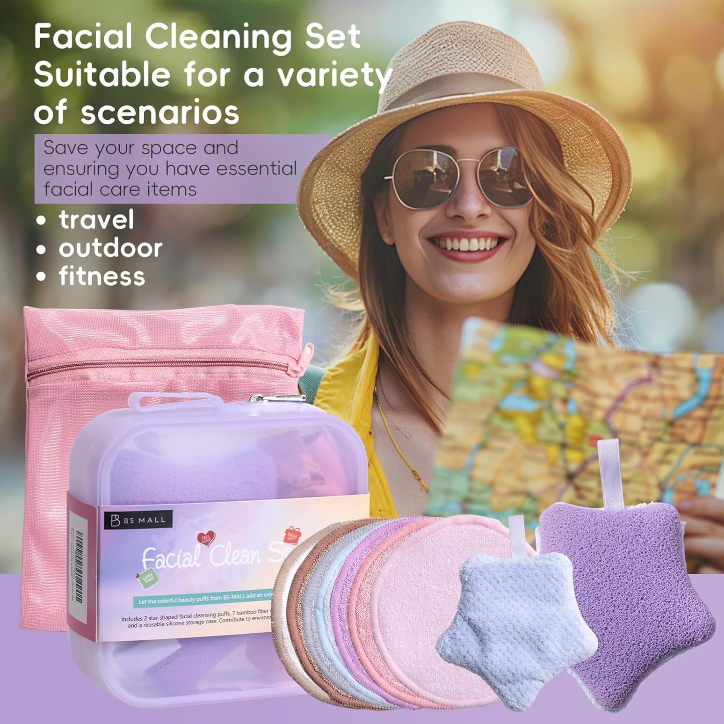 BS-MALL Gentle Facial Sponges - 10 Reusable Makeup Removal Pads with Travel Bag | Deep Clean & Exfoliate