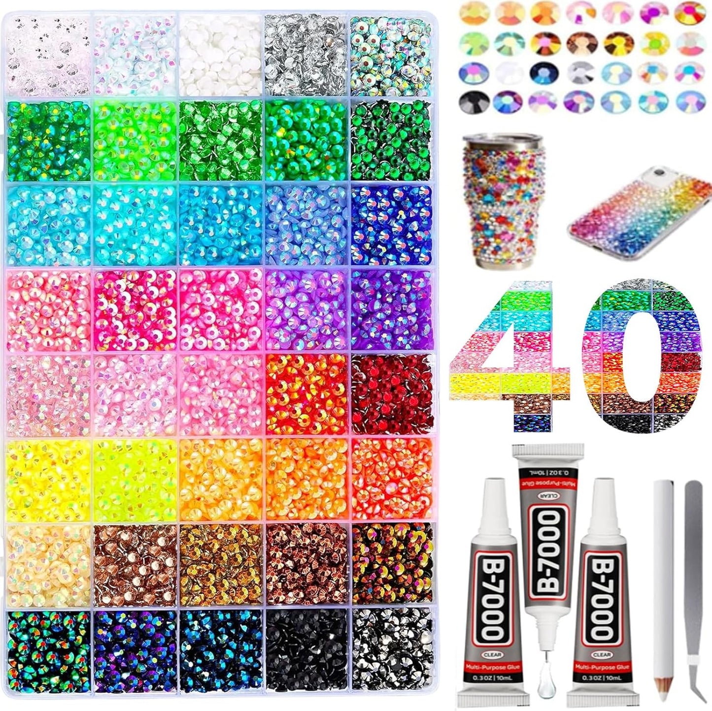 Multicolor High-Gloss Resin Flatback Rhinestones (3mm) with 3Pcs B7000 Jewelry Glue - DIY Bedazzling Kit for Diamond Art, Nail Art & Crafts (32000)