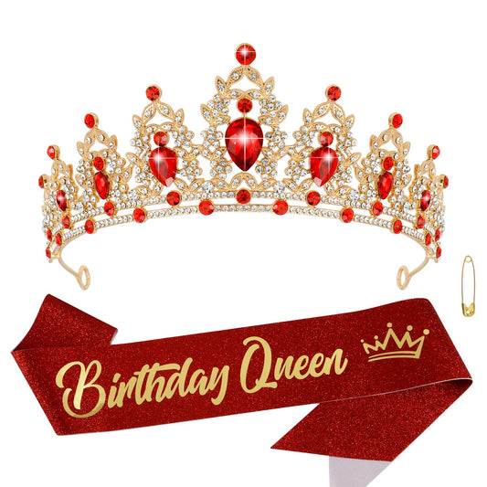 Atoden Red Birthday Crown and Birthday Queen Sash Birthday Girl Tiara Crystal Crown for Women Princess Birthday Party Decorations Rhinestone Headbands Birthday Accessories for Party Gifts