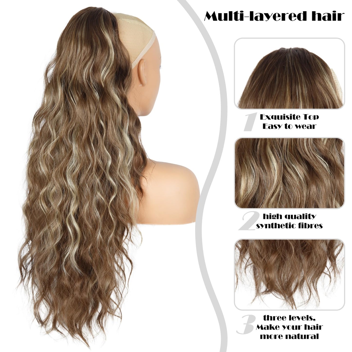 Ponytail Extension for Women, 26 inch Drawstring Ponytail Extension, Wavy Pony Tails Hair Extensions, Synthetic Hair Extensions Ponytail for Daily Use (Deep Almond Brown with Wheat Germ Blonde)