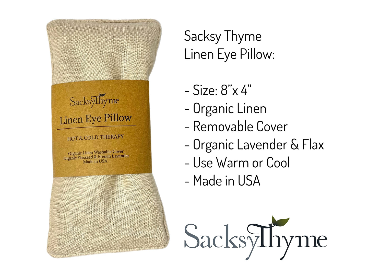 Sacksy Thyme Organic Linen Eye Pillow - Lavender & Flaxseed for Relaxation, Yoga, Stress Relief - Microwavable Heating Pad & Cool Compress - Made in USA - Gifts for Meditation - (Unscented)