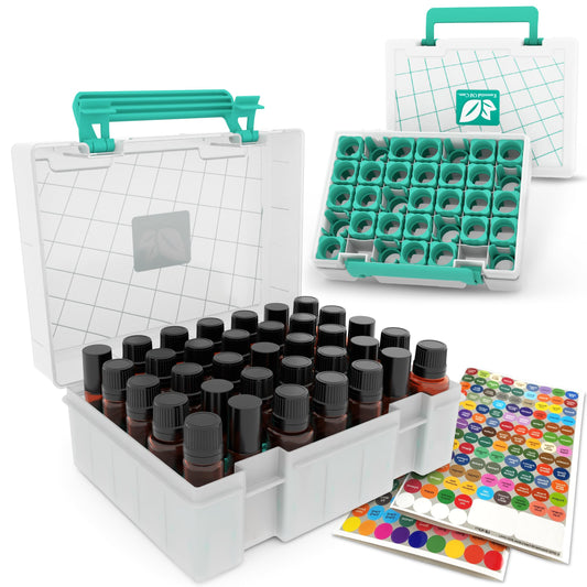 GPG2 Essential Oil Organizer, 35-Bottle Essential Oil Storage Case for Shelf & Travel, Hard Carrying Case for doTERRA, Young Living, 5ml/10ml/15ml/Roller Bottles, Stickers Included, Teal