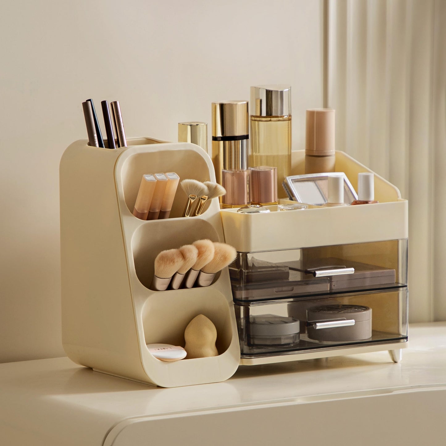 HBlife Makeup Organizer with Brush Holder for Vanity, Large Plastic Bathroom Countertop Organizer Skin Care Storage, Easy to Store Lipsticks, Nail Polishes, Perfumes, Eyeshadow Palettes, Beige