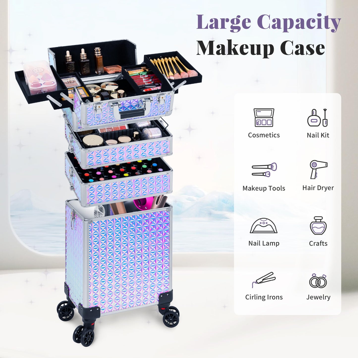 JINGUAN Rolling Makeup Train Case Large Storage Cosmetic Trolley 5 in 1 Large Capacity Trolley Makeup Travel Case with Key Swivel Wheels Salon Barber Case Traveling Cart Trunk, Silver