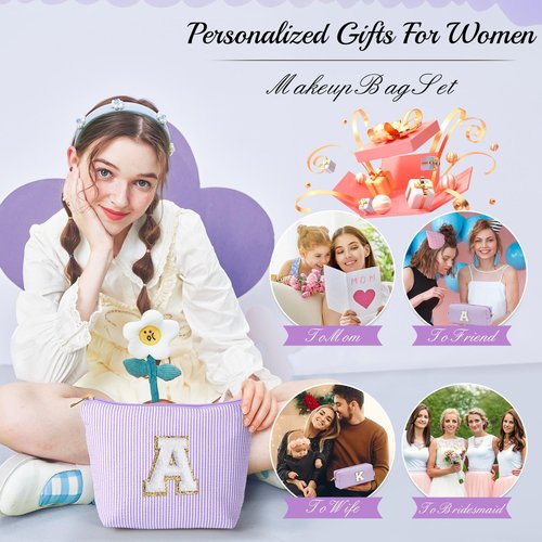 YOOLIFE Graduation Gifts for Kids Teen Girls Women | Initial Makeup Bag | Cosmetic Bag Travel Bags | 11 12 13 14 15 16 Years Old Girl Gift Teacher Gift Teen Girl Gifts Trendy Stuff Purple A