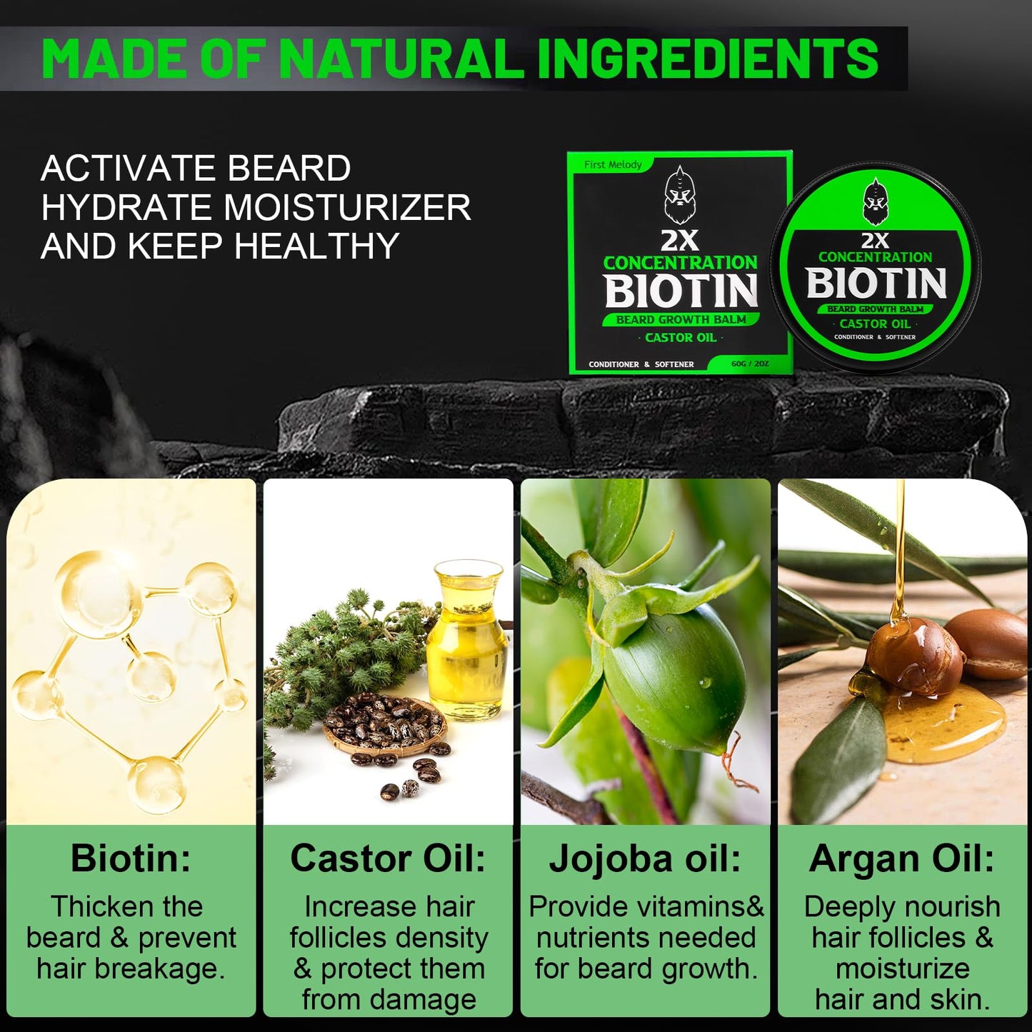 First Melody Beard Balm, 2X Thickening Biotin, with Castor Oil and Argan & Jojoba Oils, Promotes Beard Growth, Styles, Strengthens & Softens Beards & Mustaches, 2 Ounce, Vanilla, Cedar, Orange