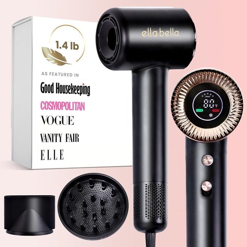 ELLA BELLA® Compact Plasma Hair Dryer - Advanced Technology, Rapid Drying & Low Noise | Includes Travel Bag & Diffuser