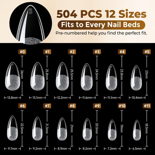 UNA GELLA Almond Gel Nail Tips, 504PCS Pre Etched Clear Fake Nails Tips Medium Almond Shape - 12 Sizes Full Cover Soft Acrylic Press On Nail Extensions No C Curve Gift for Diy at Home