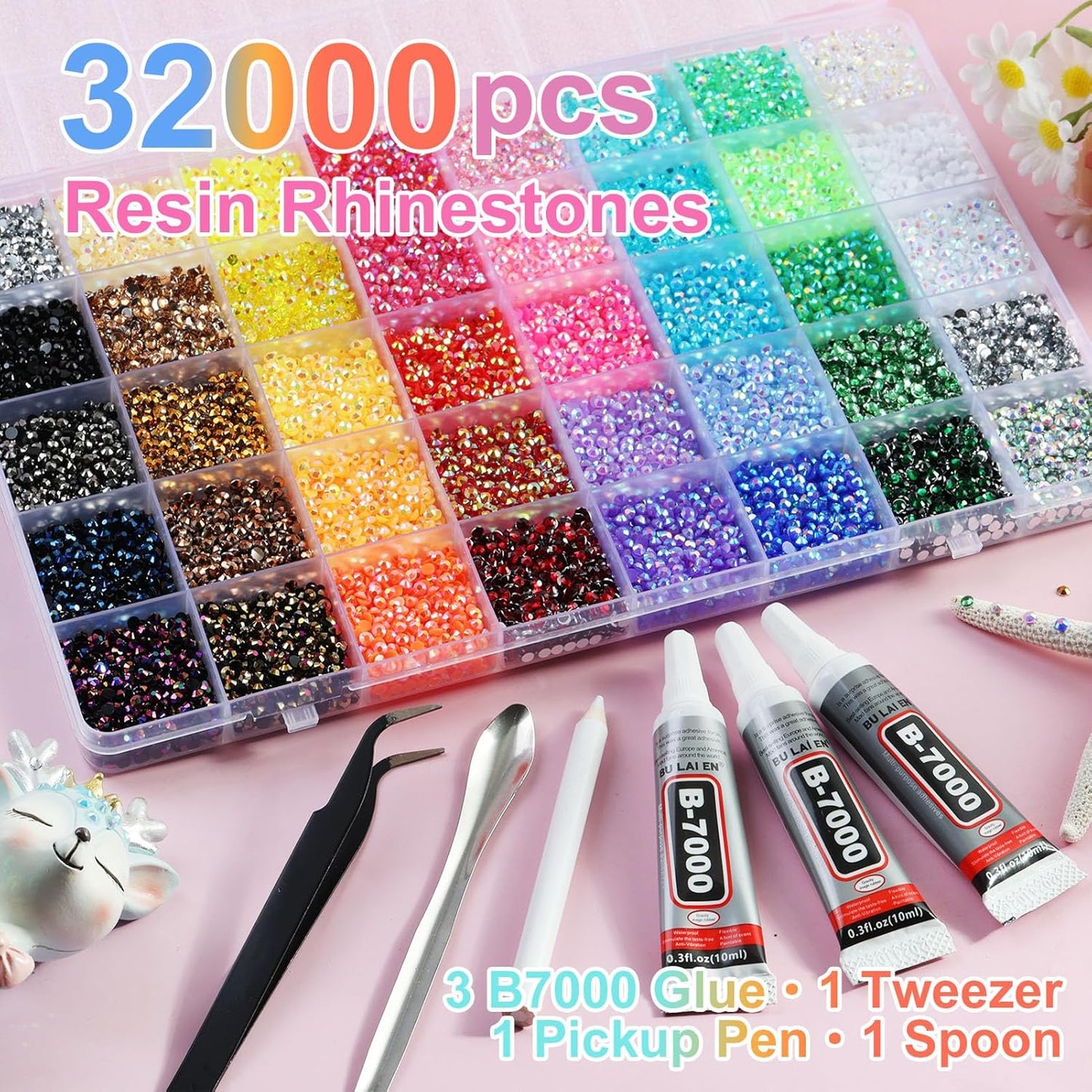 Bedazzling Kit with Resin Rhinestones, 32,000 pcs 40 Colors 3 mm Flatback Jelly Gems Bedazzler Set & B7000 Glue, DIY Nails, Shoes, Mugs, Books, Crafts & Diamond Art