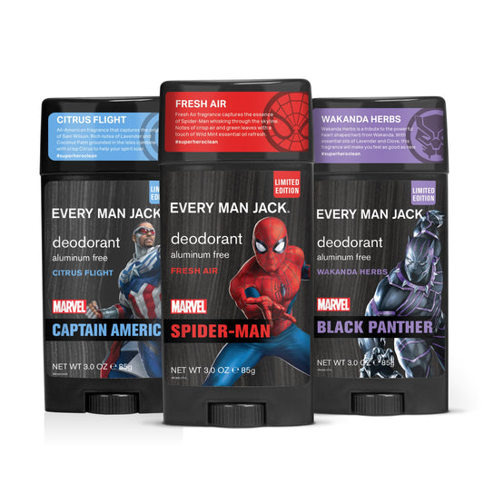 Every Man Jack Marvel Deodorant Variety Set - Includes Three Deodorants with Clean Ingredients & Incredible Scents - Spider-Man Fresh Air, Black Panther Wakanda Herbs, Captain America Citrus Flight
