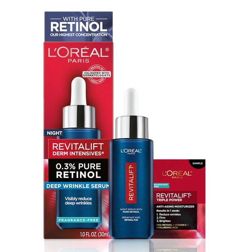 L'Oreal Paris Revitalift Night Serum - 0.3% Pure Retinol to Reduce Deep Wrinkles | Fragrance-Free, 1 oz + Moisturizer Sample