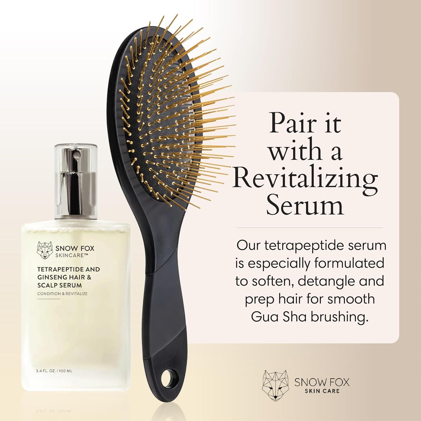 Snow Fox Skincare Gua Sha Hair Brush - Black Edition | Scalp Massage Comb with Gold-Plated Bristles for Healthy Hair