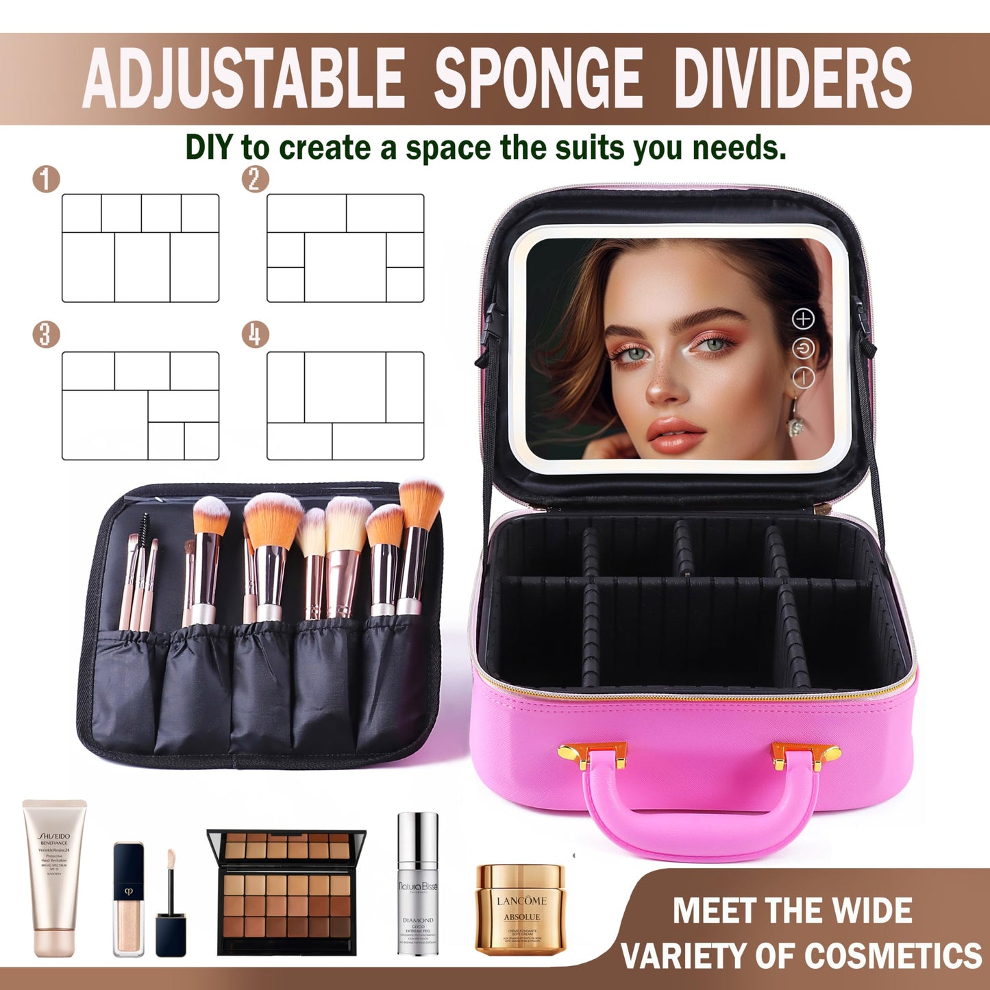 CapsLock Makeup bag with Mirror, LED Light, 3 Adjustable Brightness Levels, Cosmetic Bag with Handle, Portable Storage, Adjustable Partition, Waterproof, Monogrammed Gift Makeup Bag for Women