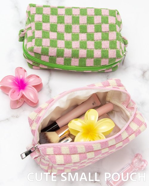 PAZIMIIK Checkered Makeup Bag for Purse Portable Zipper Make Up Pouch Small Cosmetic Case for Travel Accessories Pink Beige
