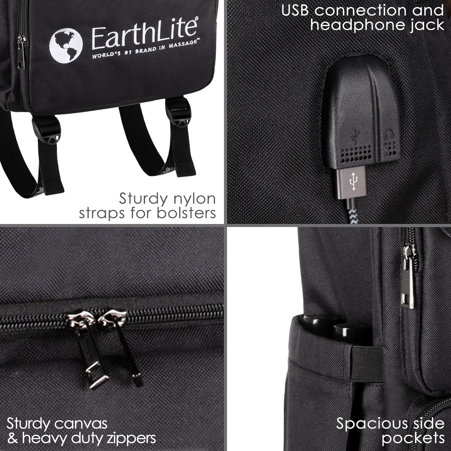 EarthLite LMT Go-Pack - Ultimate Travel Backpack for Massage Therapists | Water Resistant, USB Charging, Black