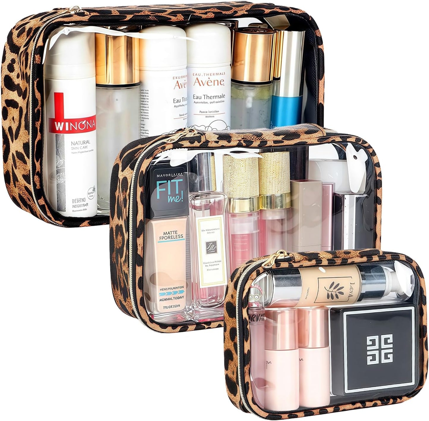 Skiennix Clear Makeup Bags - TSA Approved Travel Toiletry Set | Waterproof 3-Pack (Large, Small & Mini)