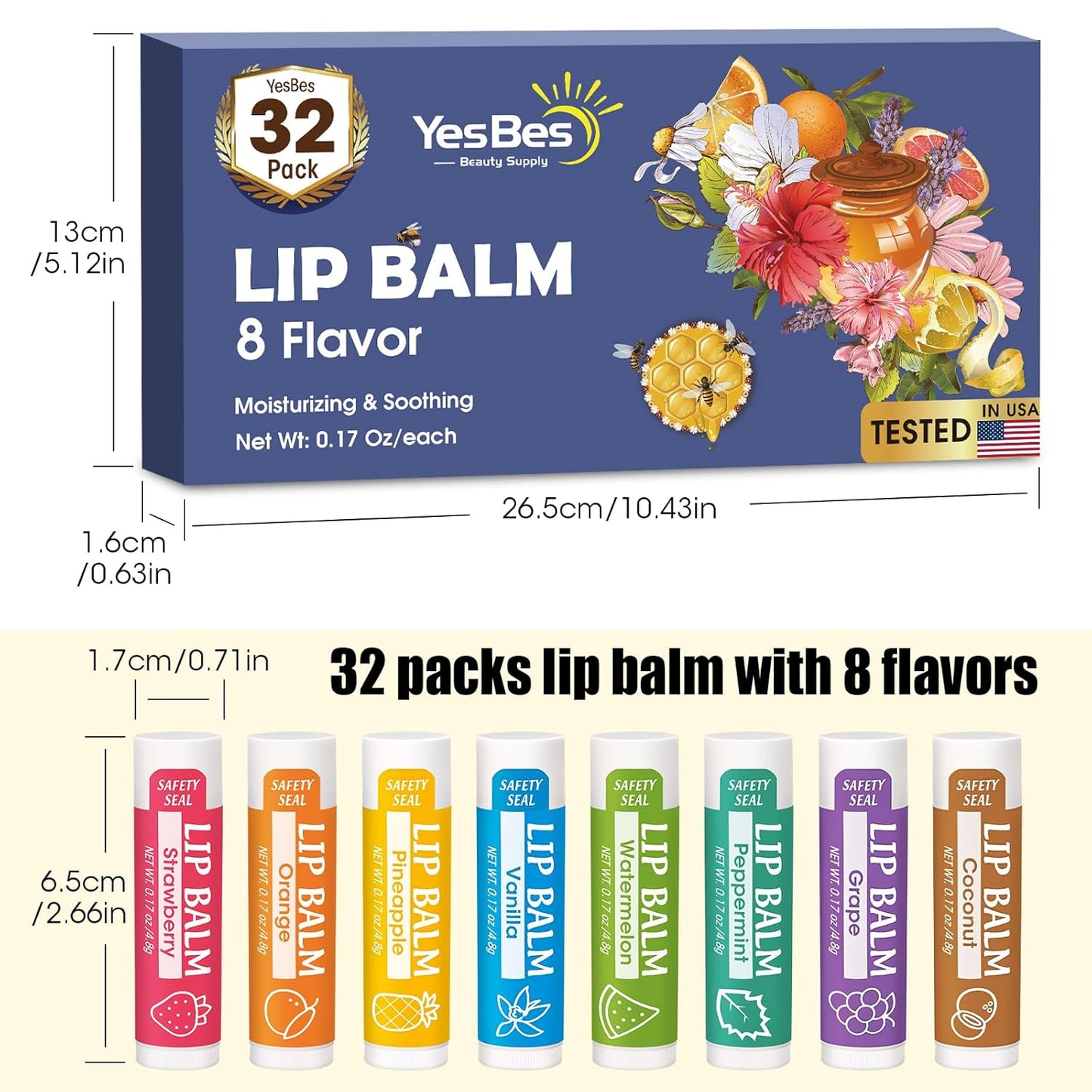 Skiennix 32 Pack Lip Balm | Natural Moisturizing Formula with Vitamin E & Coconut Oil - 8 Flavors for Dry Lips