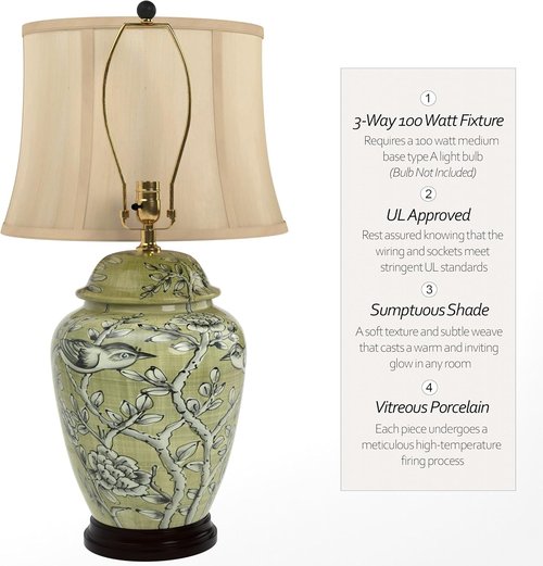 Red Lantern 25" Jade Green Birds and Flowers Lamp - Elegant Home Decor Accent