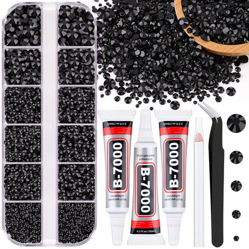Resin Jelly Rhinestones for Crafting with B7000 Jewelry Glue, 1 Box Black Flatback Crystal with 3Pcs 10ml Glue, Bedazzling Non Hotfix Gems for DIY Tumblers Clothing Shoes Manicure