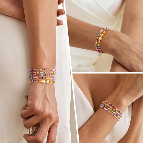 M MOOHAM Colorful Beaded Initial Bracelets - Cute Stretch Heart Jewelry for Girls | 5PCS Set