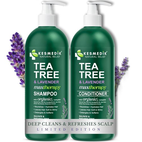 KESMEDIK Tea Tree Lavender Shampoo & Conditioner Set - Soothes Dry Scalp, Sulfate-Free, 16 fl oz Each