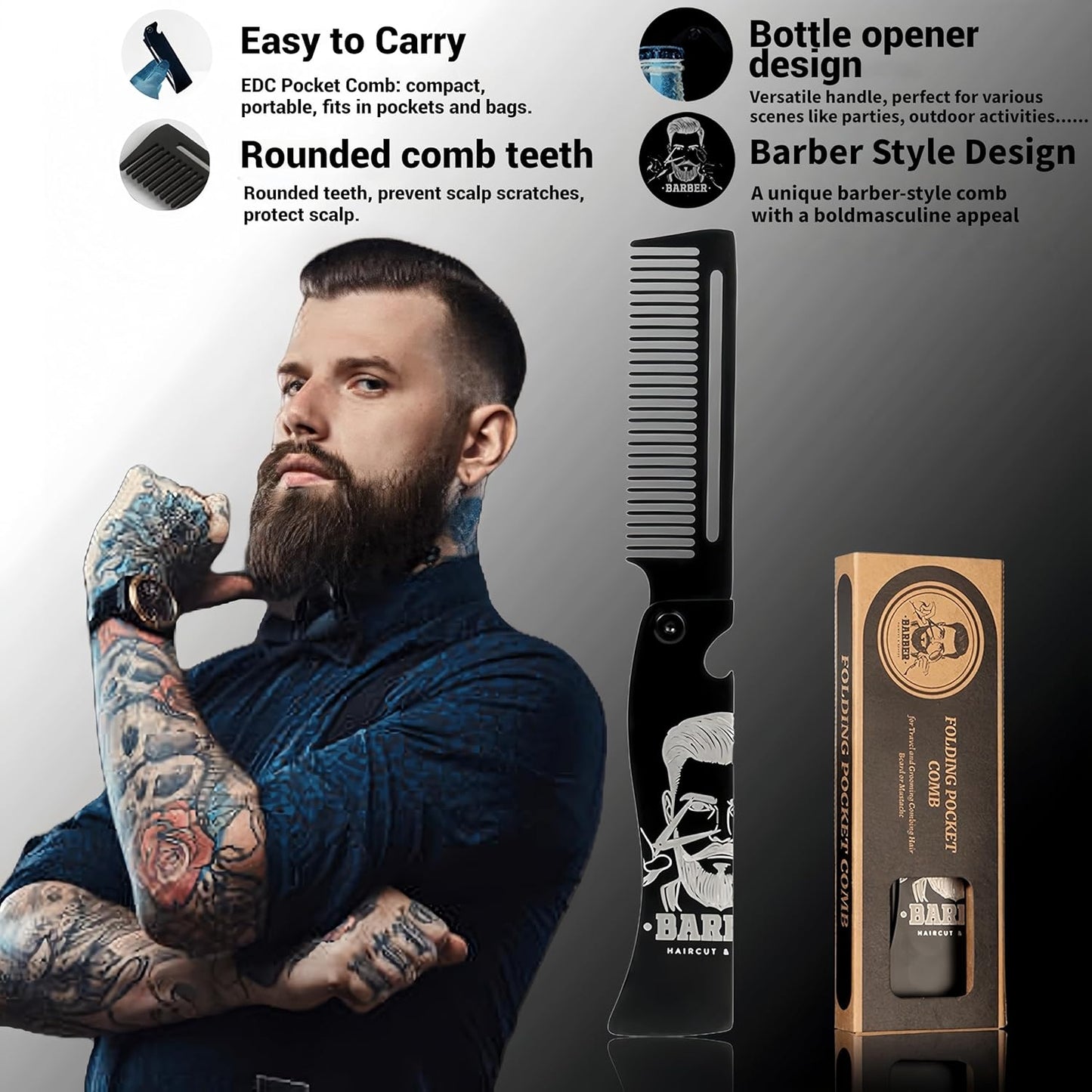 Skiennix Men's Metal Folding Pocket Beard & Mustache Comb - EDC Knife Comb with Bottle Opener | Anti-Static for Stylish Haircuts - Black