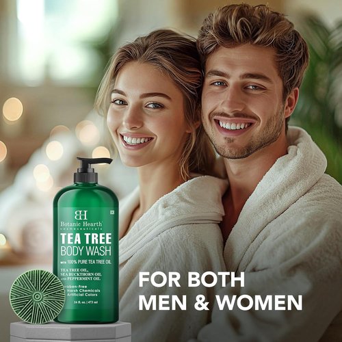 Botanic Hearth Tea Tree Body Wash - Infused with 100% Pure Tea Tree Oil & Coconut | Includes Dual-Sided Brush | 16 fl oz