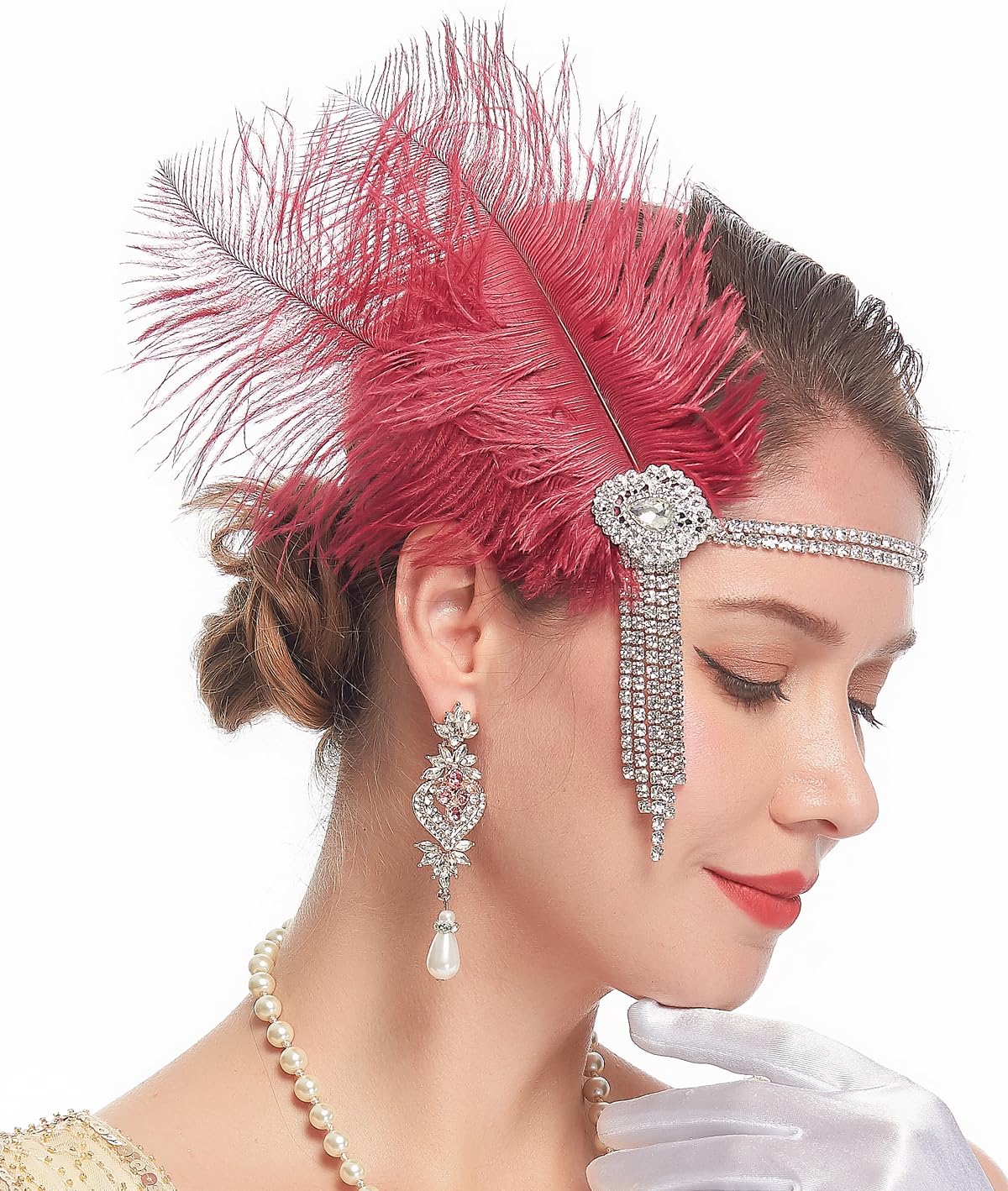 Cizoe 1920s Flapper Peacock Feather Headband Great Gatsby Bridal Crystal Headpiece Apricot (A-maroon)