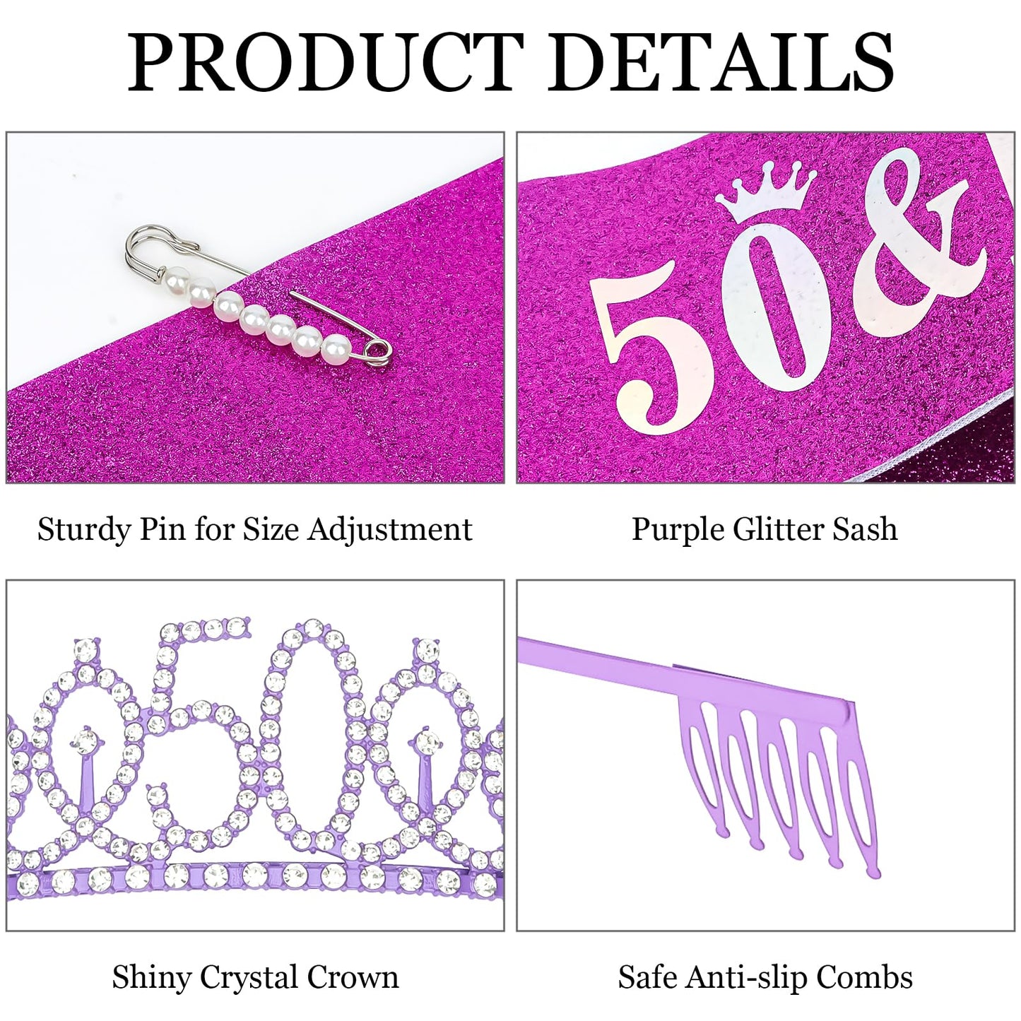 Purple 50th Birthday Sash and Tiara for Women, 50th Birthday Decorations Women, 50th Birthday Crown and Sash Set, 50th Birthday Party Favors, 50th Birthday Gifts for Women