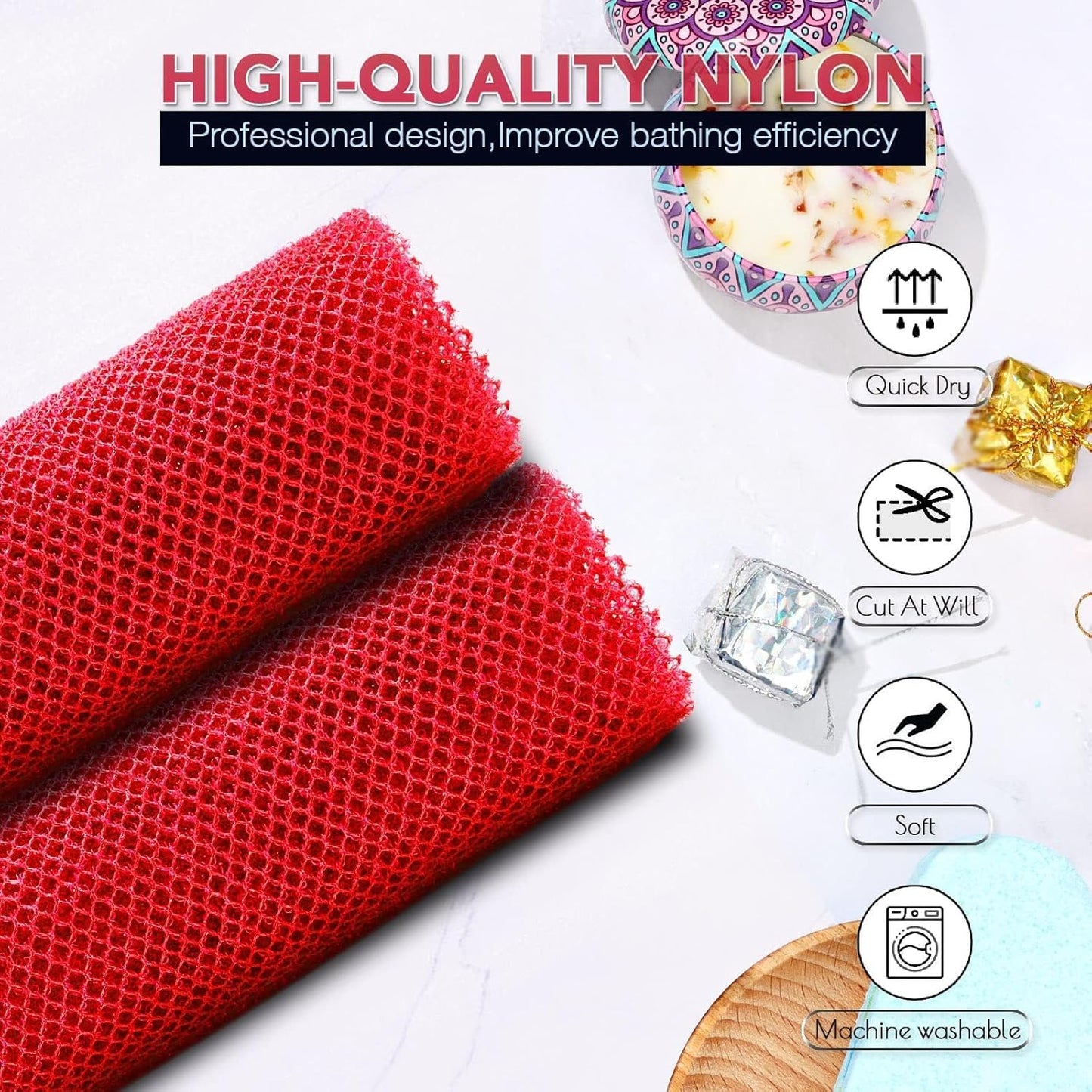 UJFQBH African Bath Sponge Set - Exfoliating Long Net Body Scrubber for Smooth Skin | Red