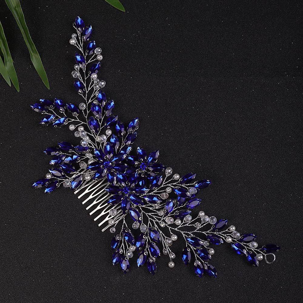 Teyglen Women Dainty Large Blue Rhinestones Flower Crystal Pearls Bride Wedding Hair Comb Headband Luxurious Hair Accessories Shiny Rhinestones Crystals Bridal Side Hair Combs for Women Bride Girls (Blue)