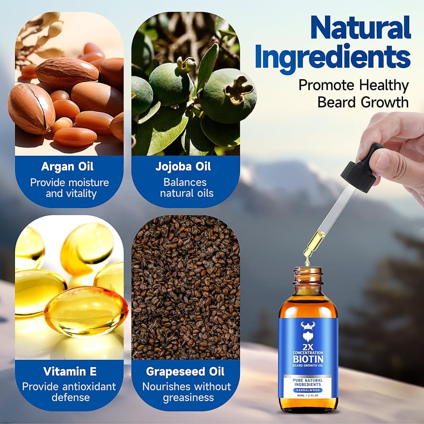 Skiennix Beard Growth Oil - 2X Biotin Concentration for Men (2 oz) - Natural Argan & Jojoba Oil, Moisturizer & Softener (Sandalwood)