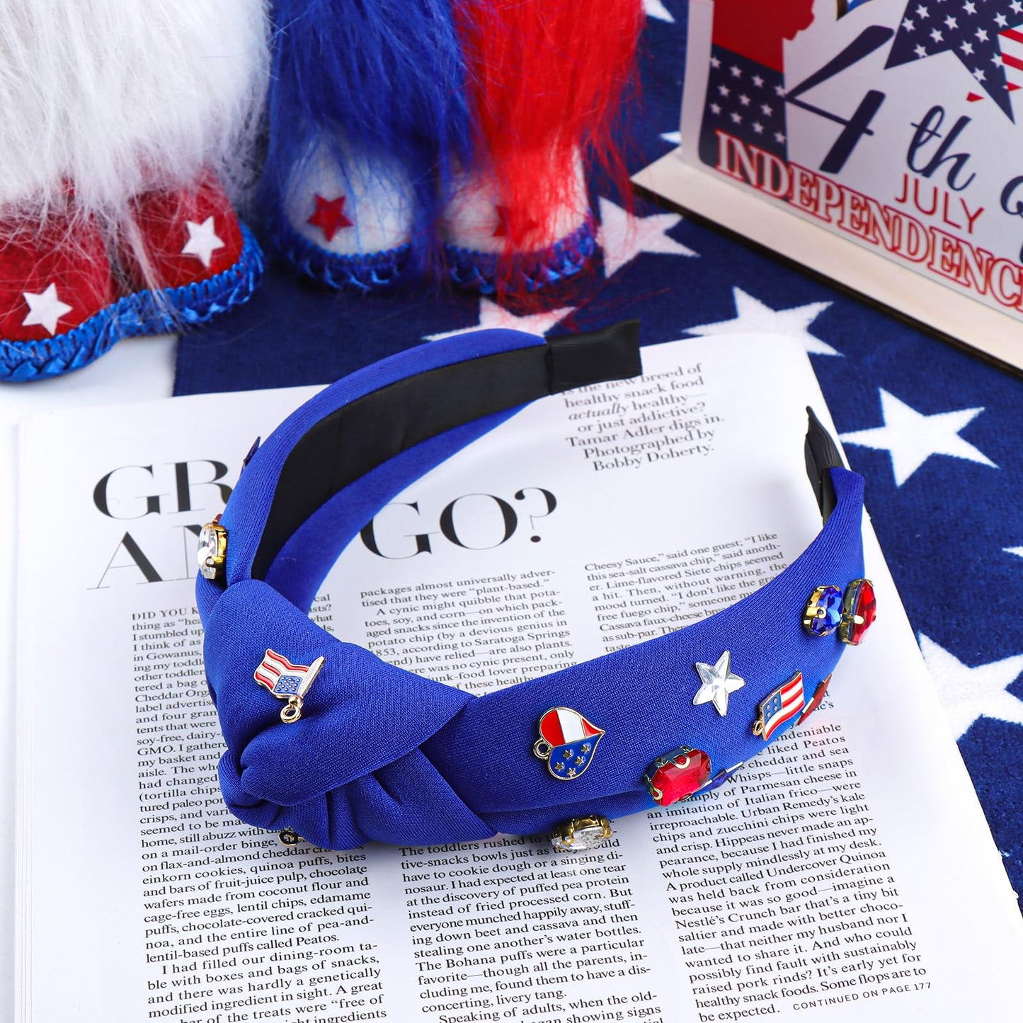 YanJie Patriotic Knot Headbands for Women 4th July Embellished Headbands Independence Day Gem Headband Beaded American Flag Hair Accessories Girls Gifts Blue