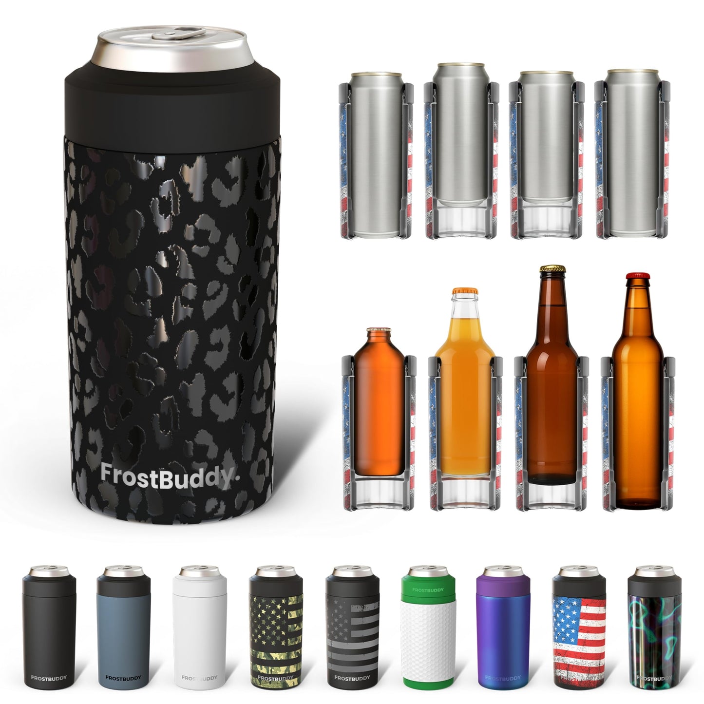 Frost Buddy Universal Buddy Can Cooler - Fits All - For Regular 12 & 16 oz or Slim-Size Bottles - Insulated Double -Walled Stainless Steel (All white)