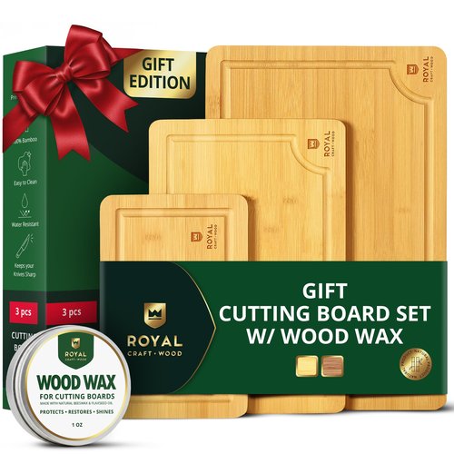 ROYAL CRAFT WOOD Acacia Wood Cutting Boards Set of 3 – Premium Wooden Cutting Boards for Kitchen Meal Prep & Serving - Charcuterie & Chopping Butcher Block for Meat with Deep Juice Groove Side Handles